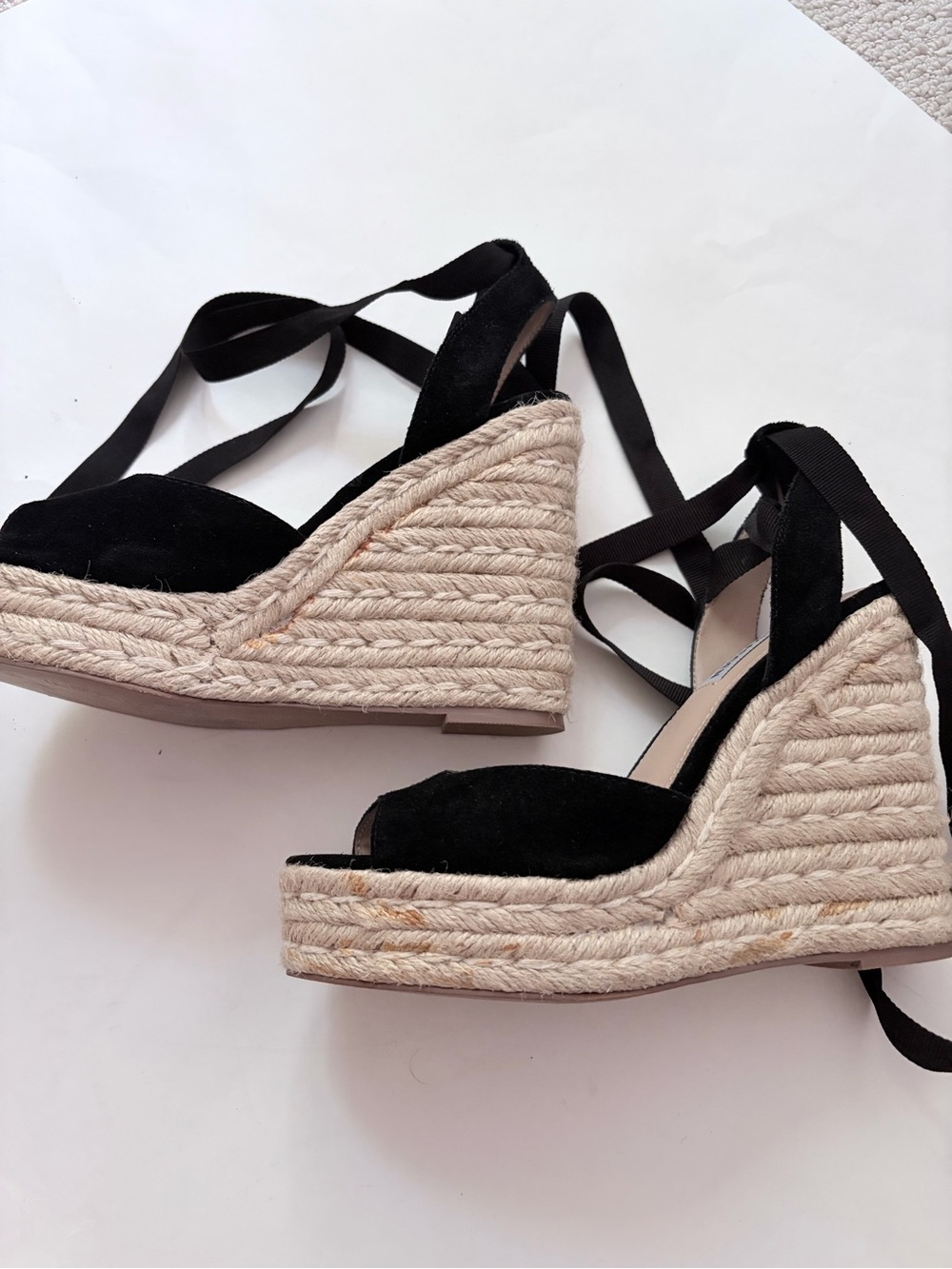 Steve Madden Secret Black Suede Lace-Up Espadrille Wedges Size 7